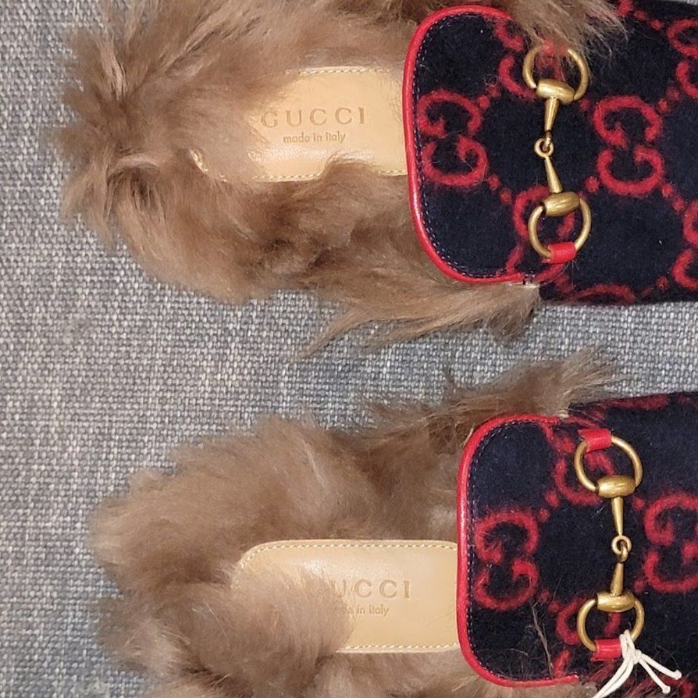 Gucci Women Blue Red & Wool GG Monogram Fur Princetown Mule Slippers 35 - Picture 6 of 16